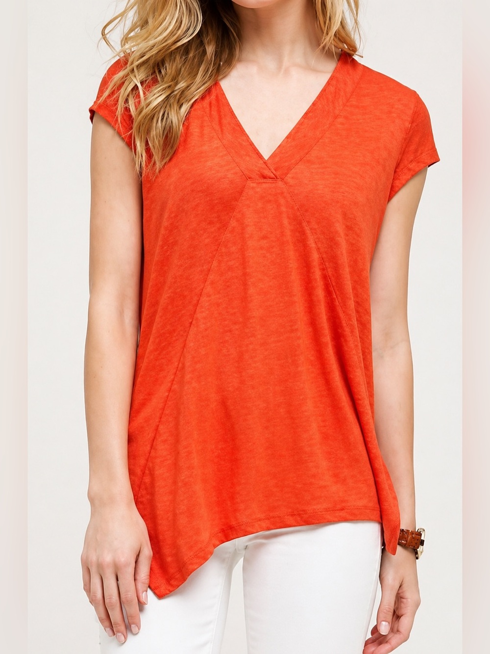 Anthropologie Meadow Rue Vibrant Orange Asymmetrical Linen V-Neck Top Size S